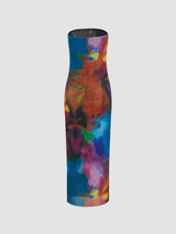Tül Baskılı Dosya Askısız Tüp Midi Elbise