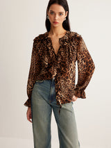 Leopar Desenli Volanlı Bluz