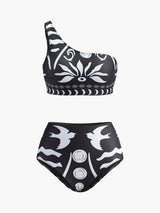 Tek Omuzlu Tribal Baskılı Bikini Takımı