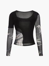 Yarı Şeffaf Geometrik Baskılı Dosya Jersey Üst