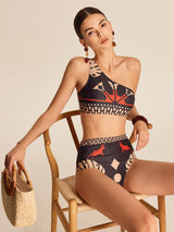 Tribal Baskılı Tek Omuzlu Bikini Takımı