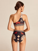 Tribal Baskılı Tek Omuzlu Bikini Takımı