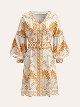 Boho Desenli V Yaka Kemerli Elbise