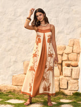 Kontrast Panelli Boho Desenli Askılı Elbise
