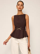 Metal Tokalı Kemerli Kolsuz Peplum Üst