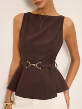 Metal Tokalı Kemerli Kolsuz Peplum Üst