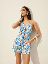 Çiçek Desenli Önü Bağcıklı Askılı Şort Takımı
