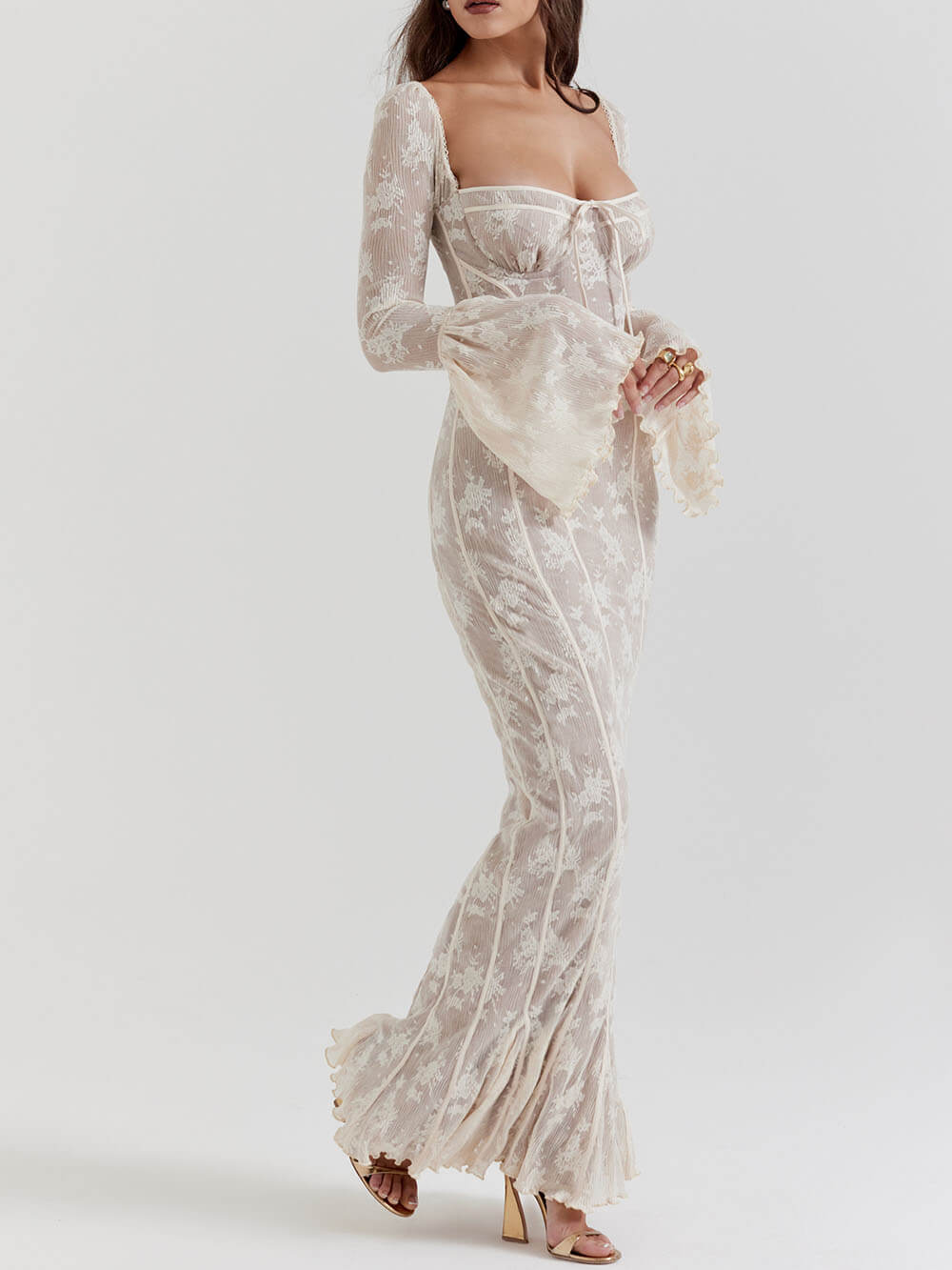 Vintage Krem Dantelli Maxi Elbise
