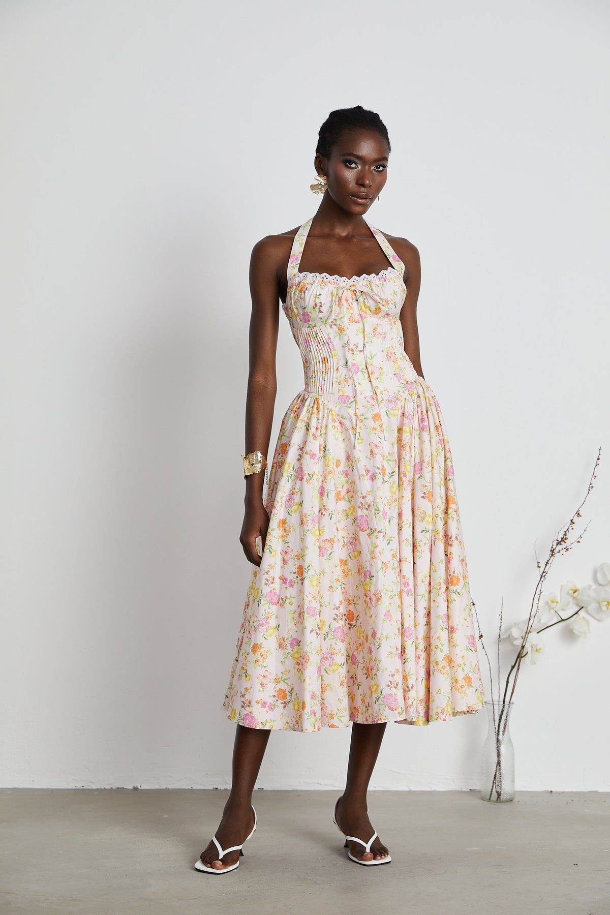 Odette desenli midi elbise