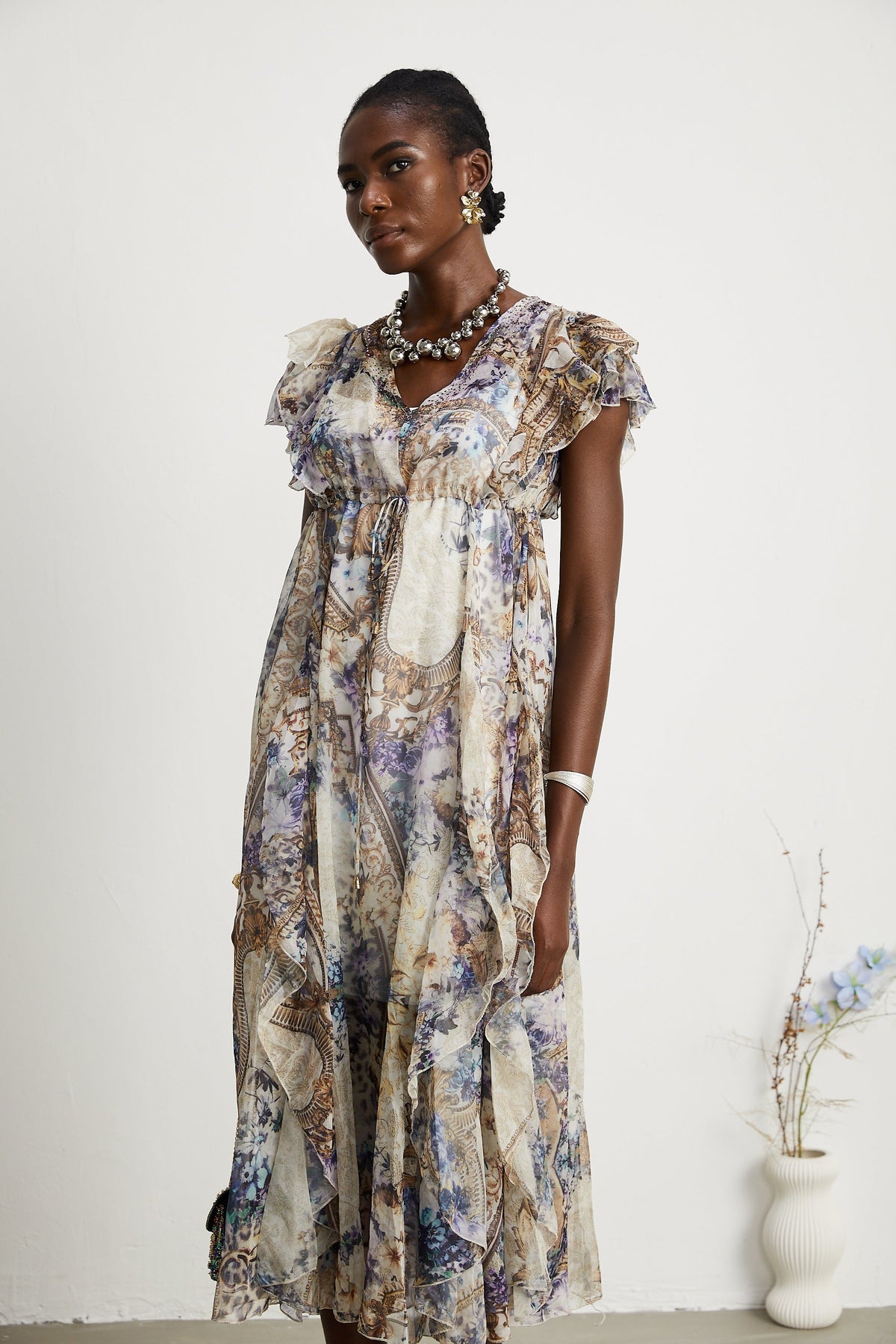 Sophie desenli midi elbise