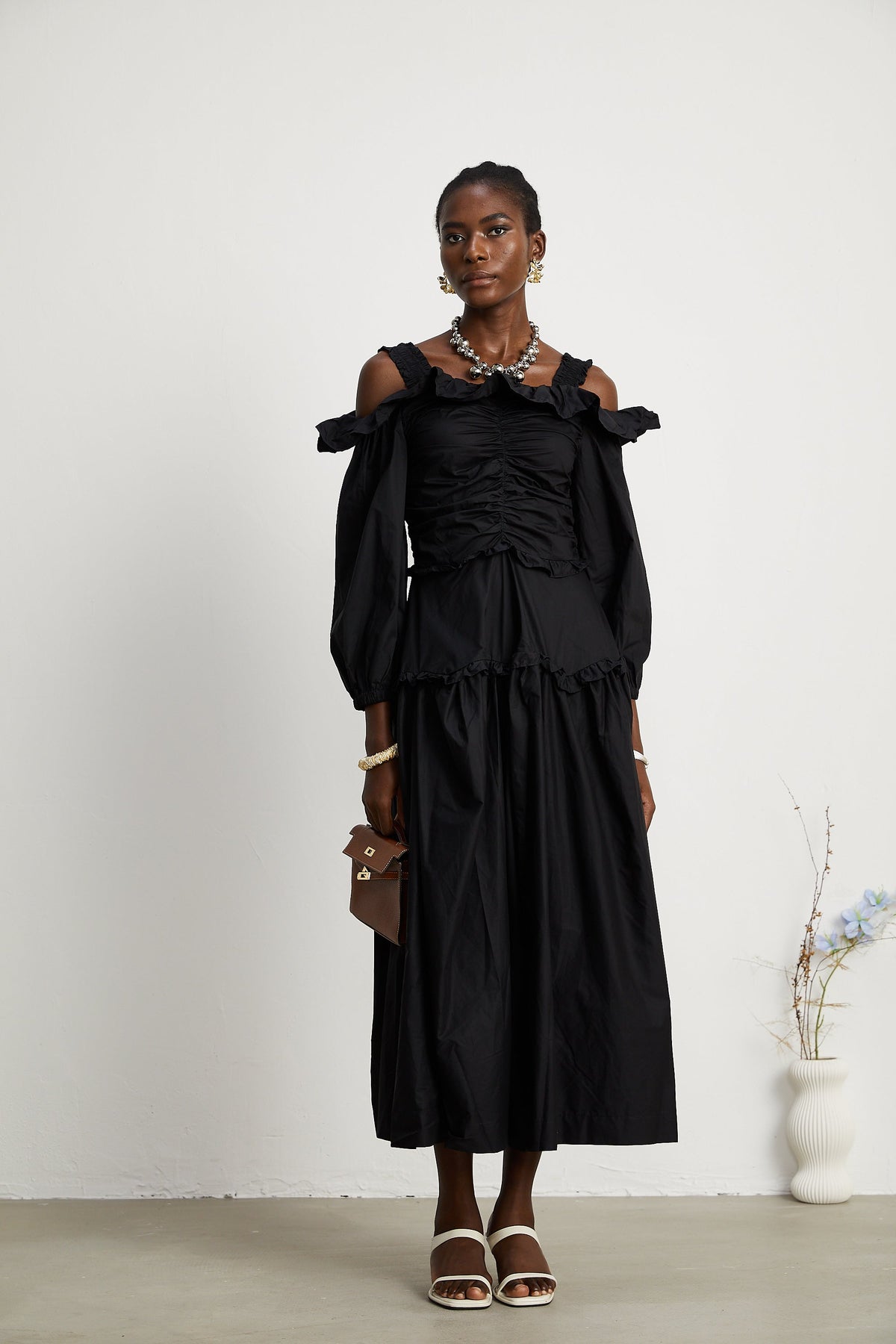 Renée pileli midi elbise