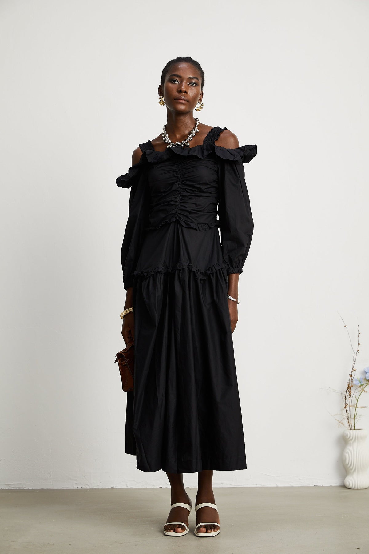 Renée pileli midi elbise