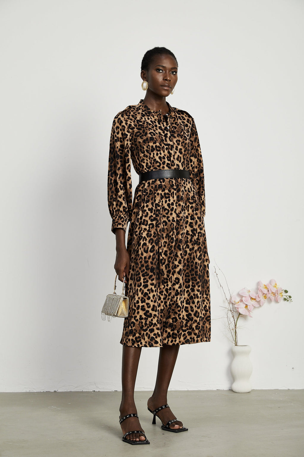 Geneviève leopar midi elbise