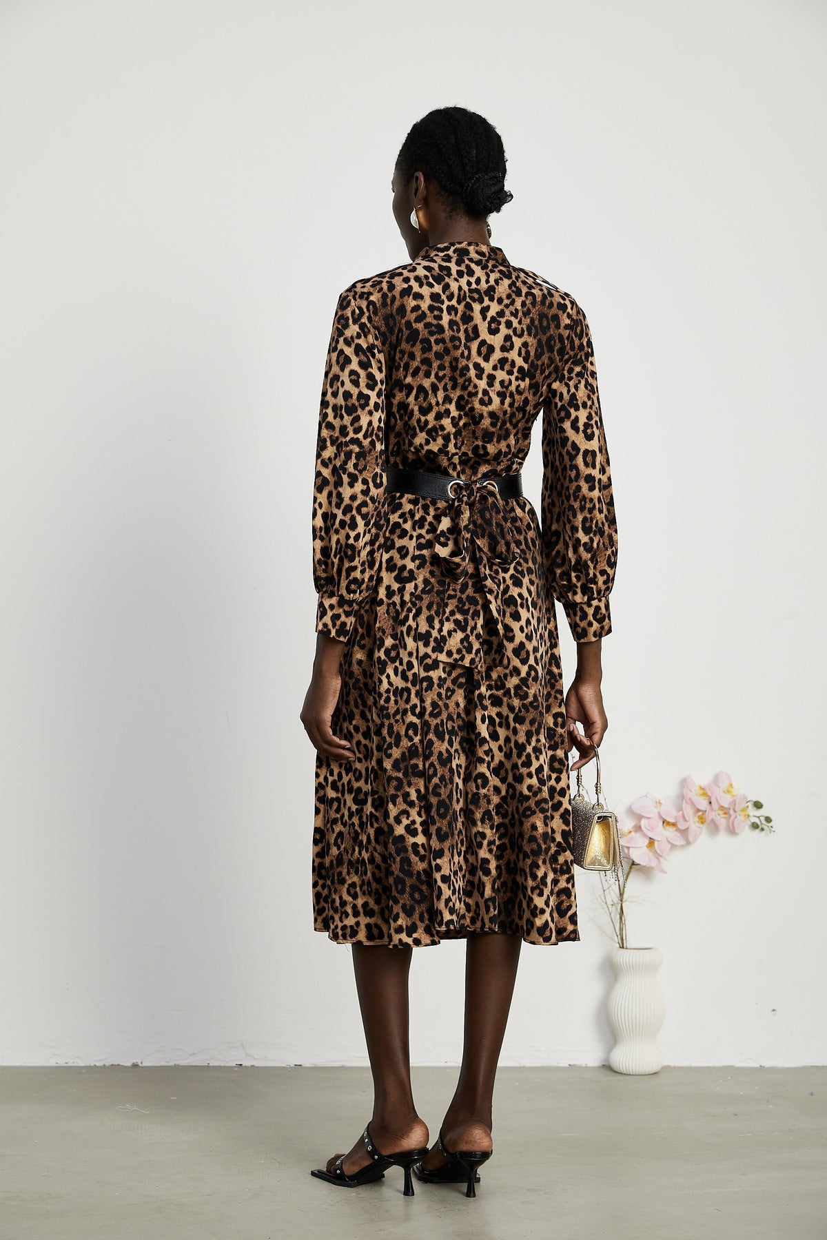 Geneviève leopar midi elbise