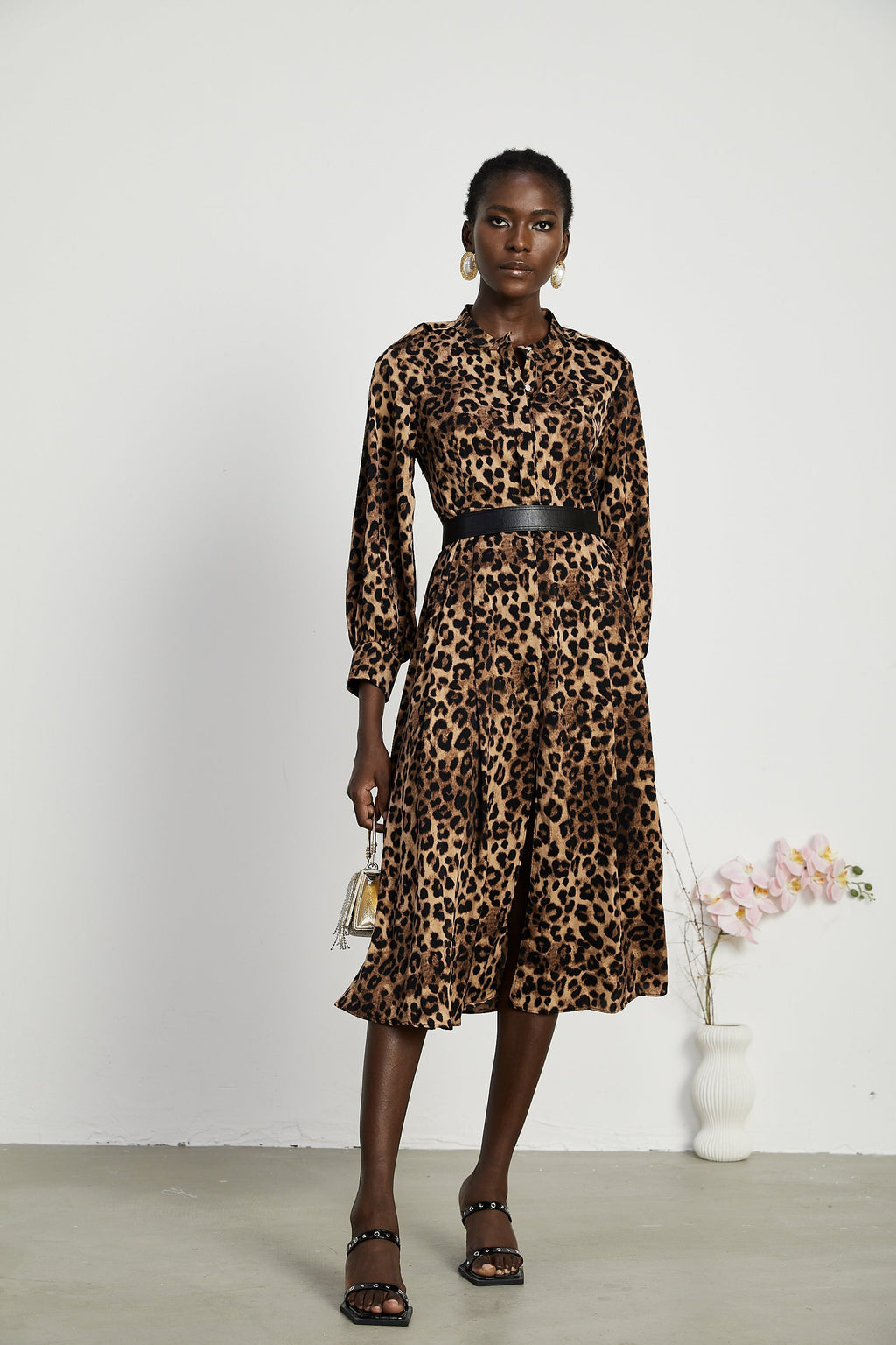 Geneviève leopar midi elbise