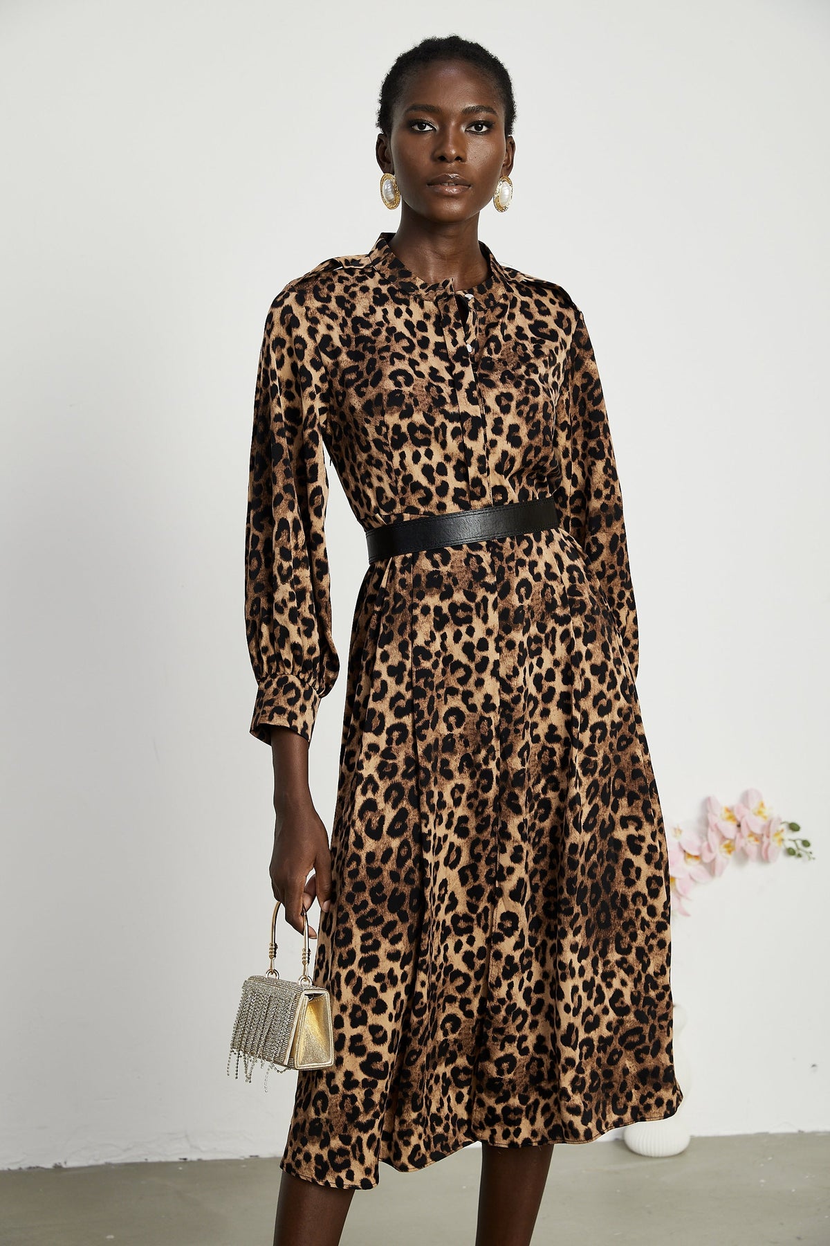 Geneviève leopar midi elbise