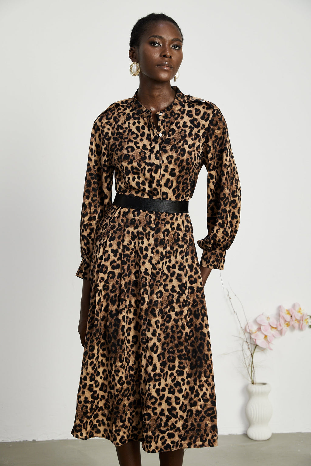 Geneviève leopar midi elbise