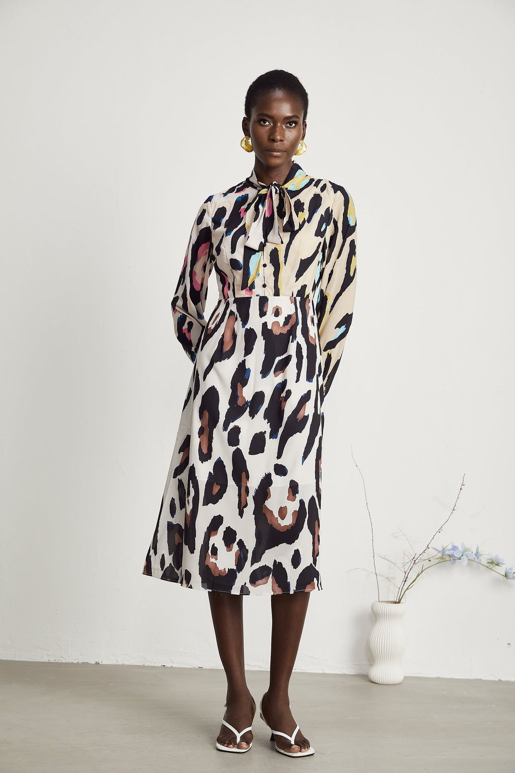 Kalena leopar midi elbise