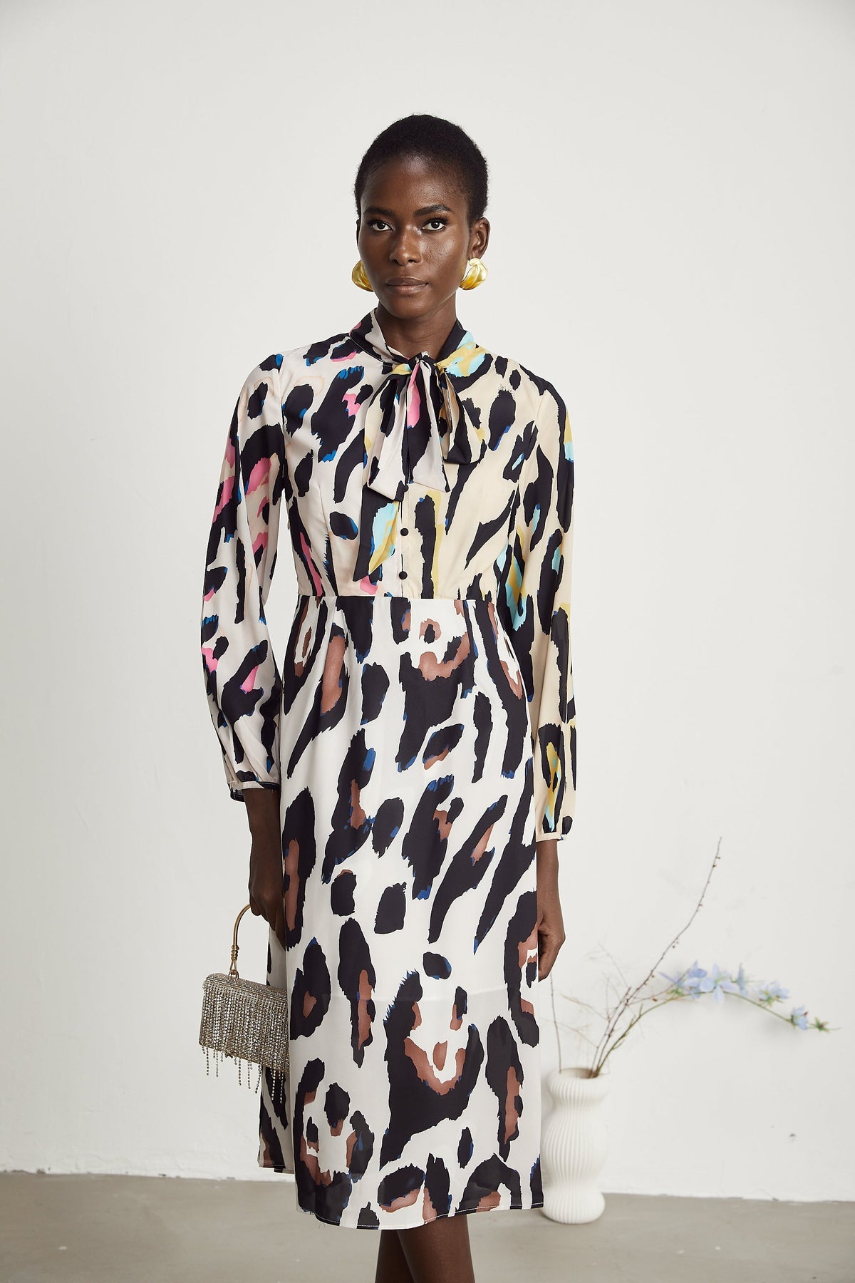 Kalena leopar midi elbise