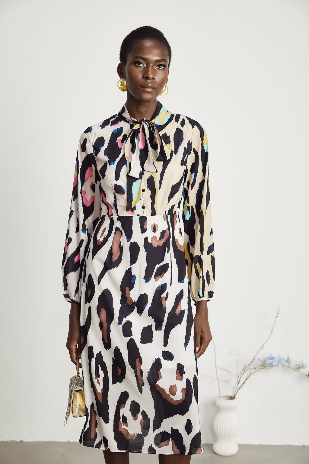 Kalena leopar midi elbise