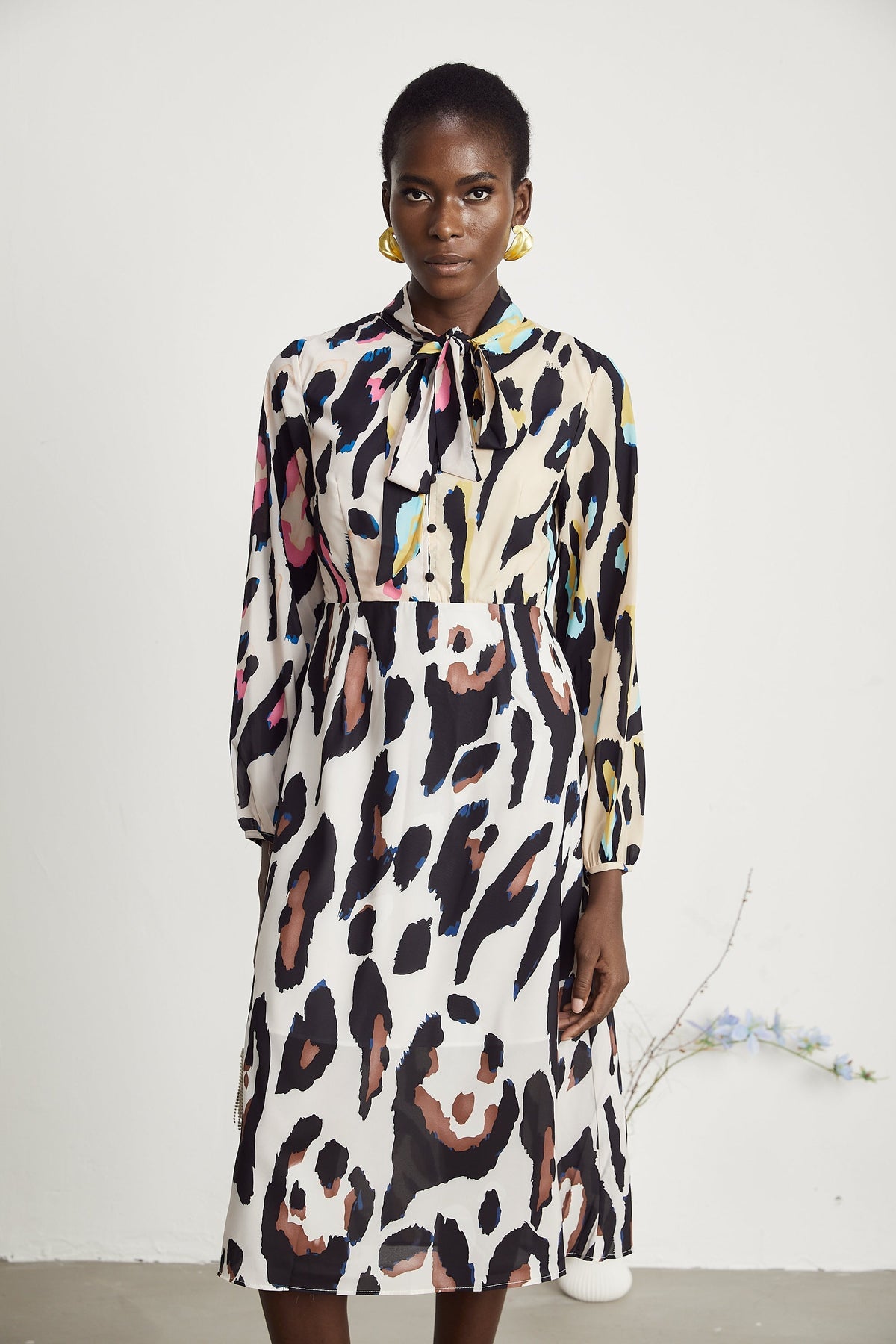 Kalena leopar midi elbise