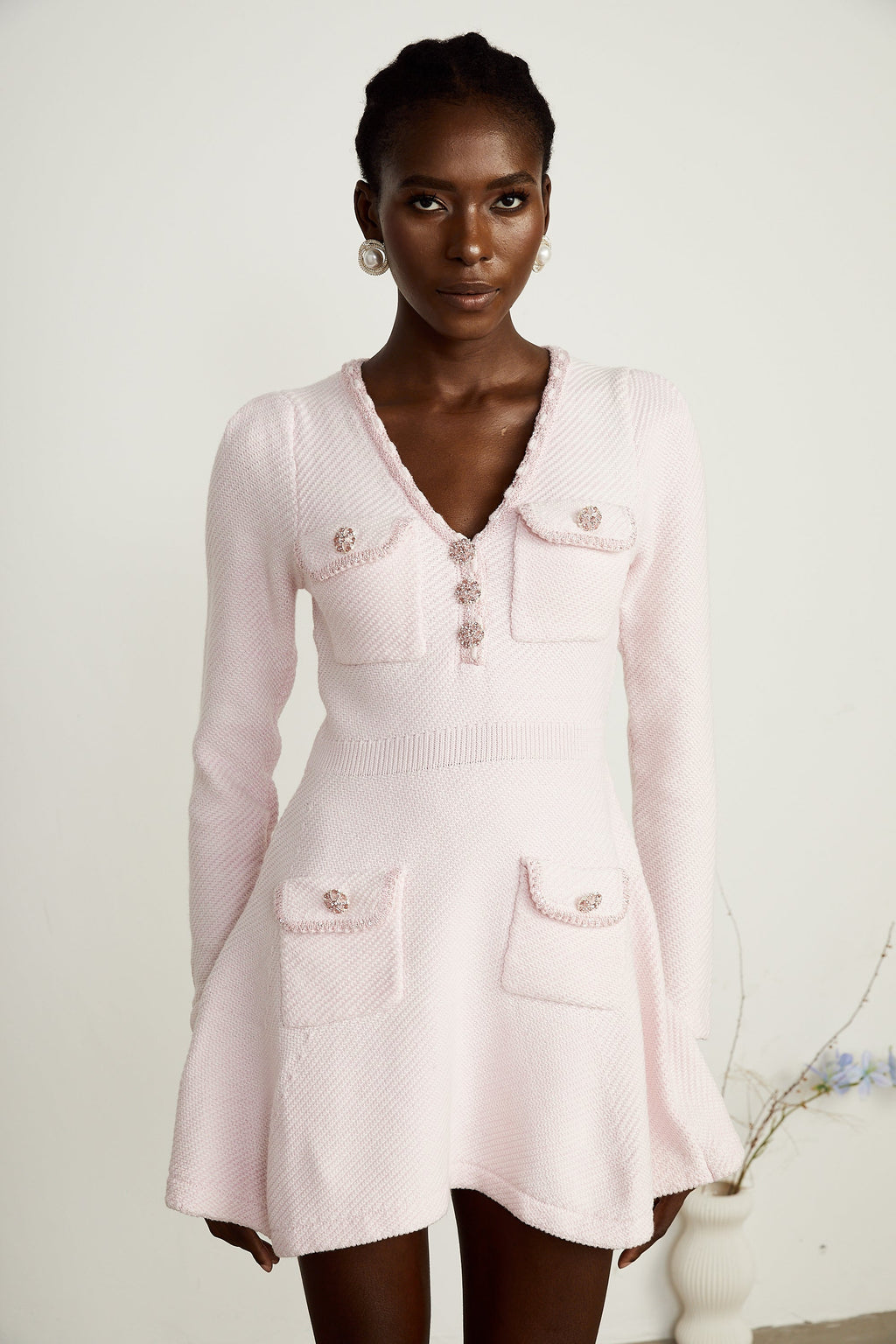Karine V Yaka mini elbise