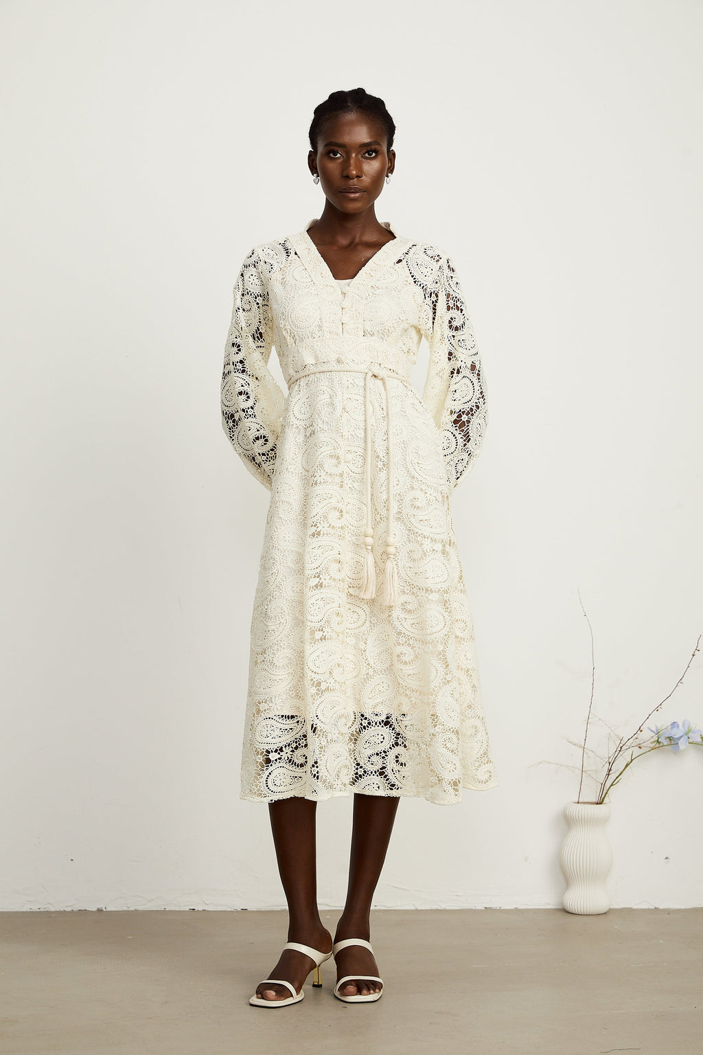 Georgette dantel midi elbise
