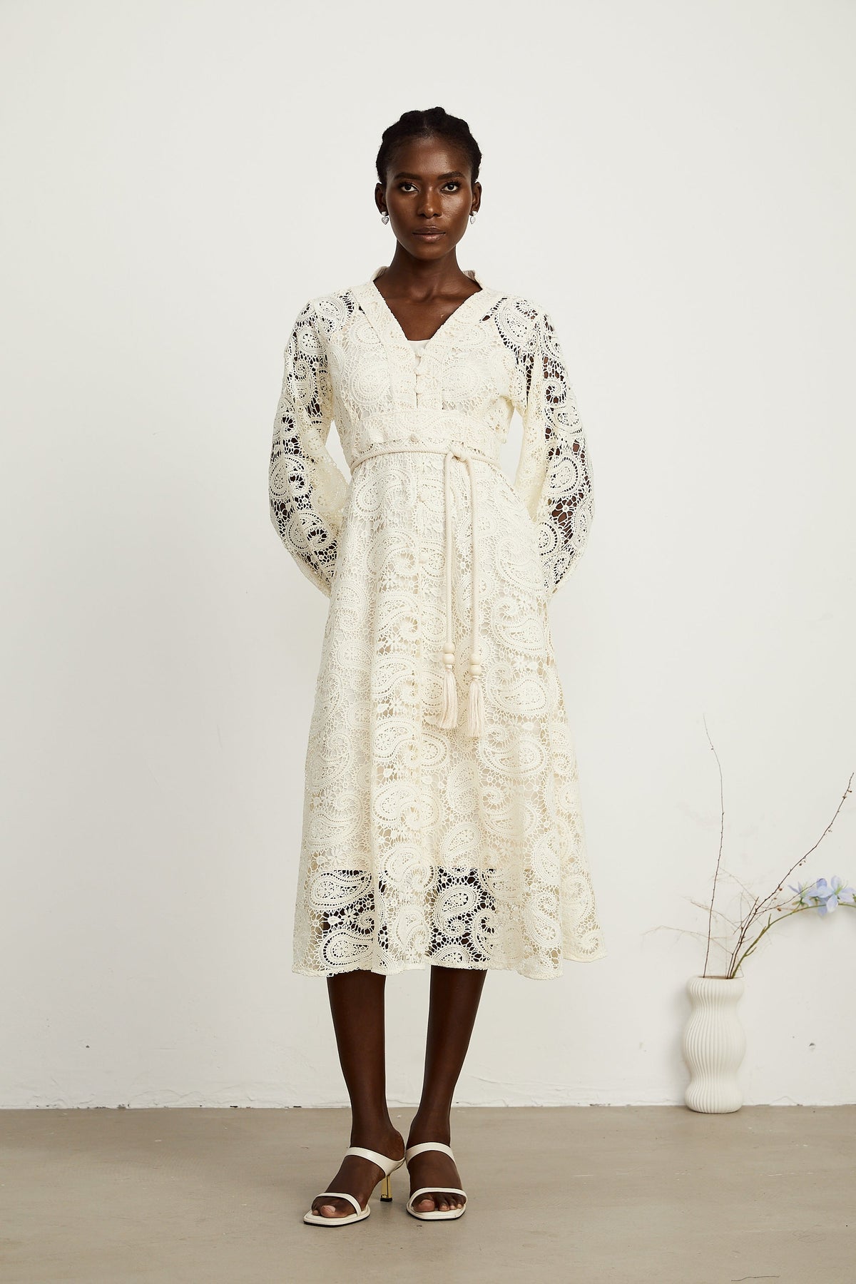 Georgette dantel midi elbise