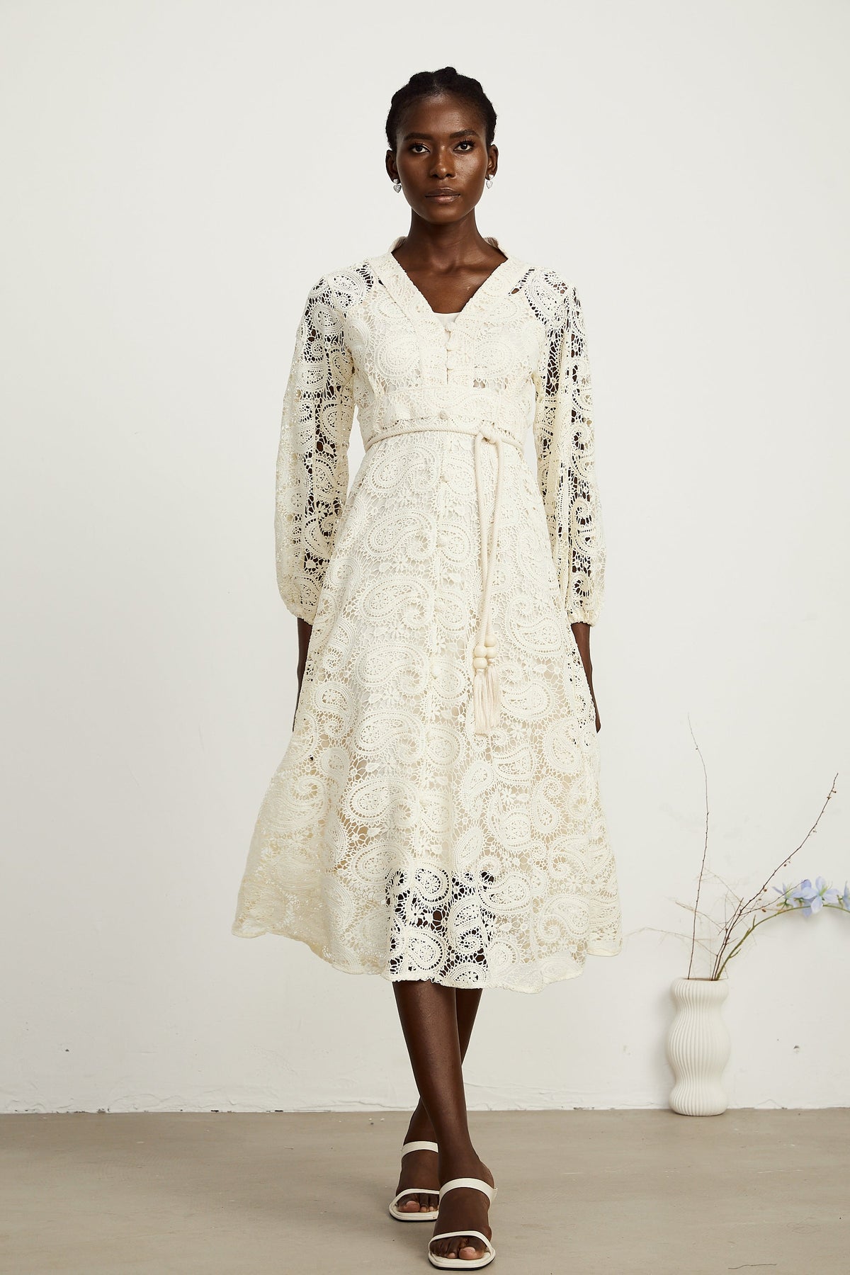 Georgette dantel midi elbise