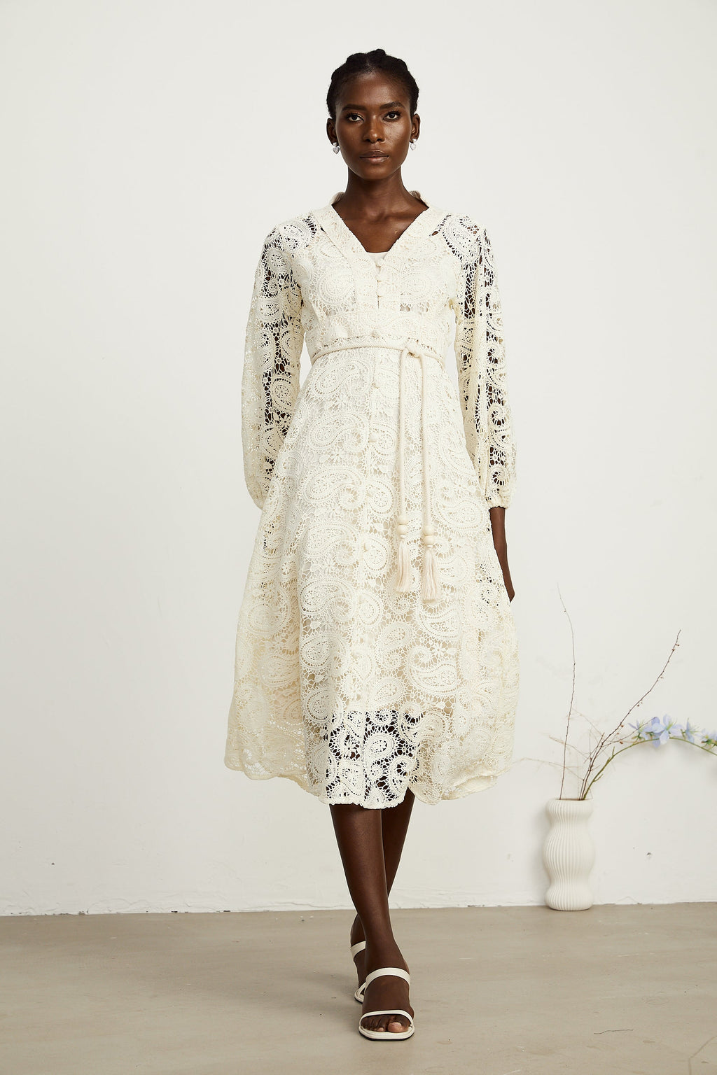 Georgette dantel midi elbise