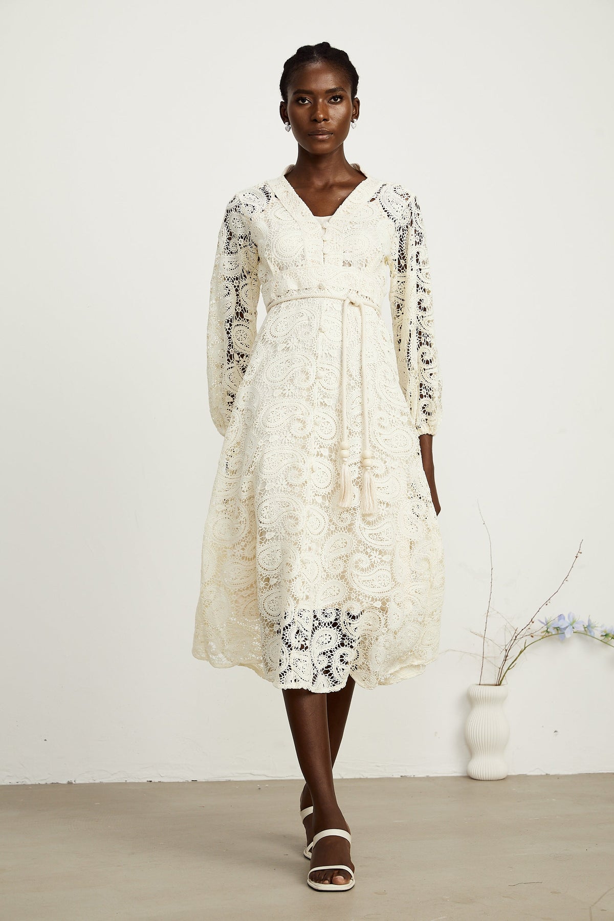 Georgette dantel midi elbise