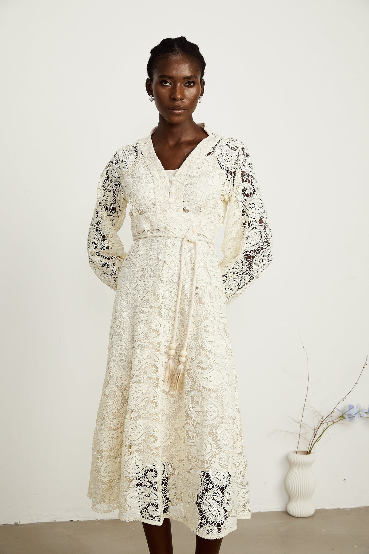 Georgette dantel midi elbise