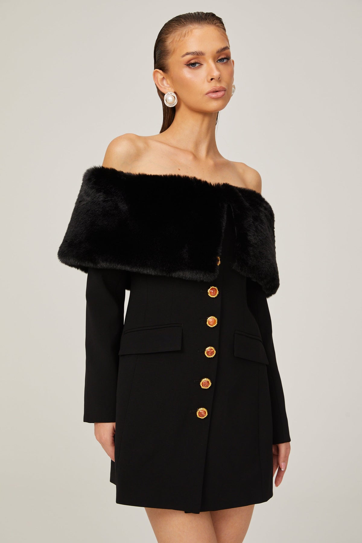 Céline suni kürk mini elbise