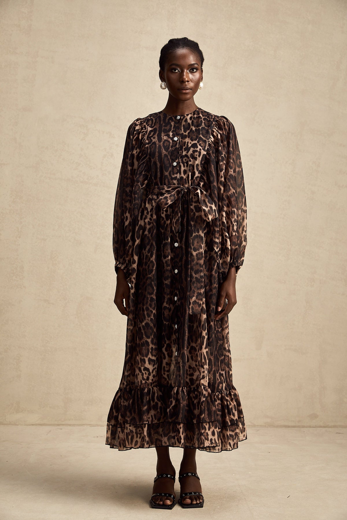 Gisèle leopar midi elbise