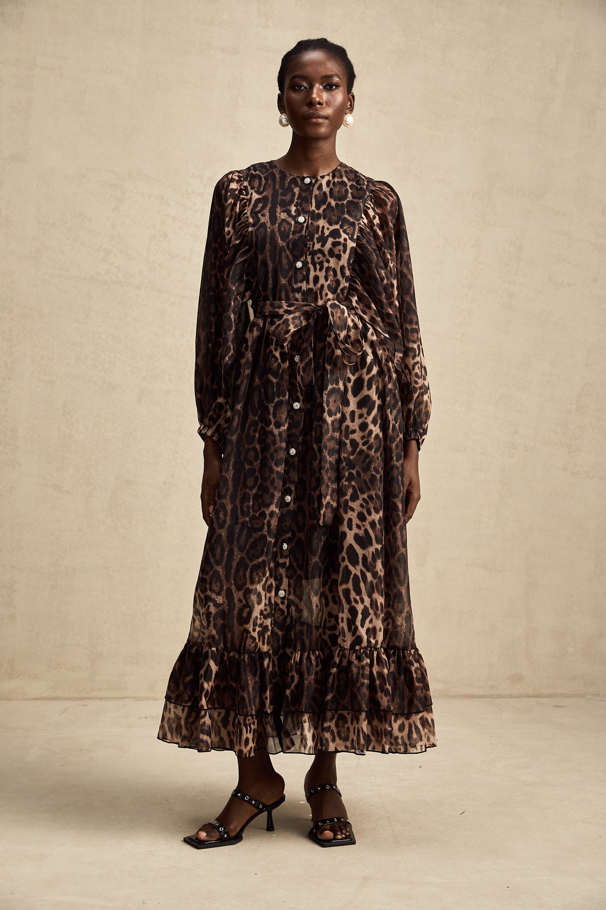 Gisèle leopar midi elbise
