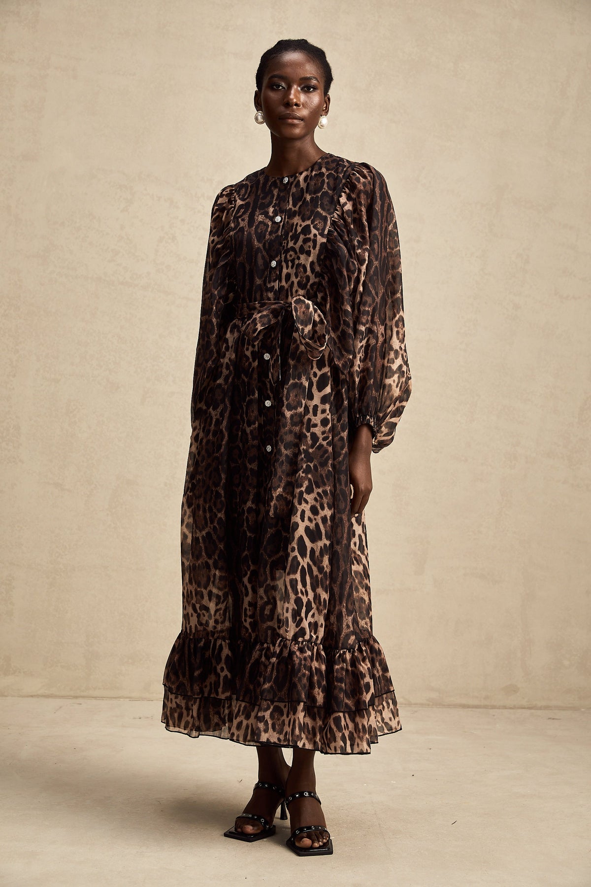 Gisèle leopar midi elbise