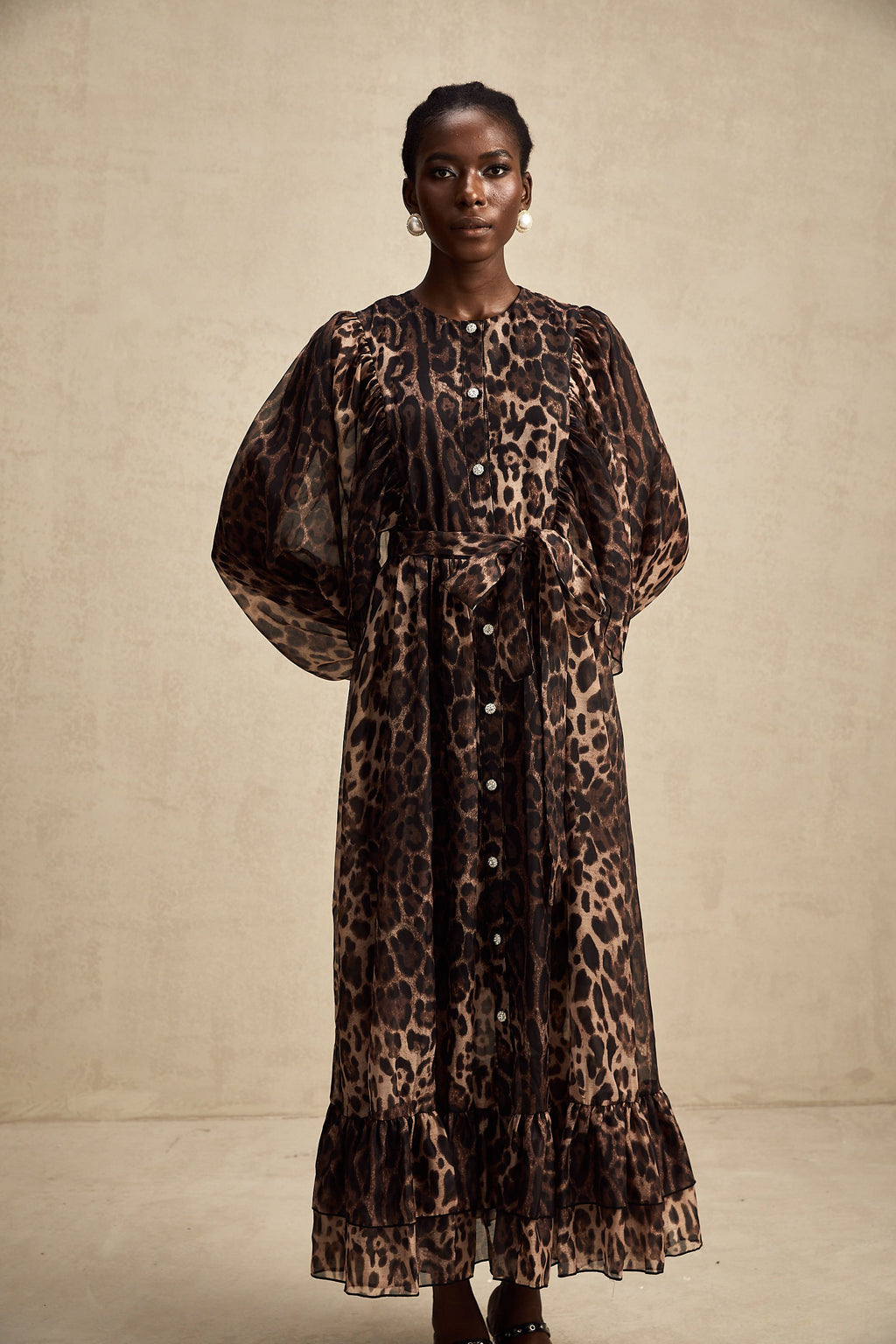 Gisèle leopar midi elbise