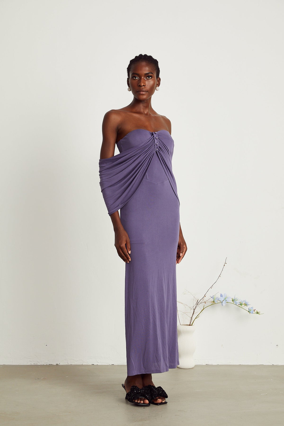 Delphine mor midi elbise