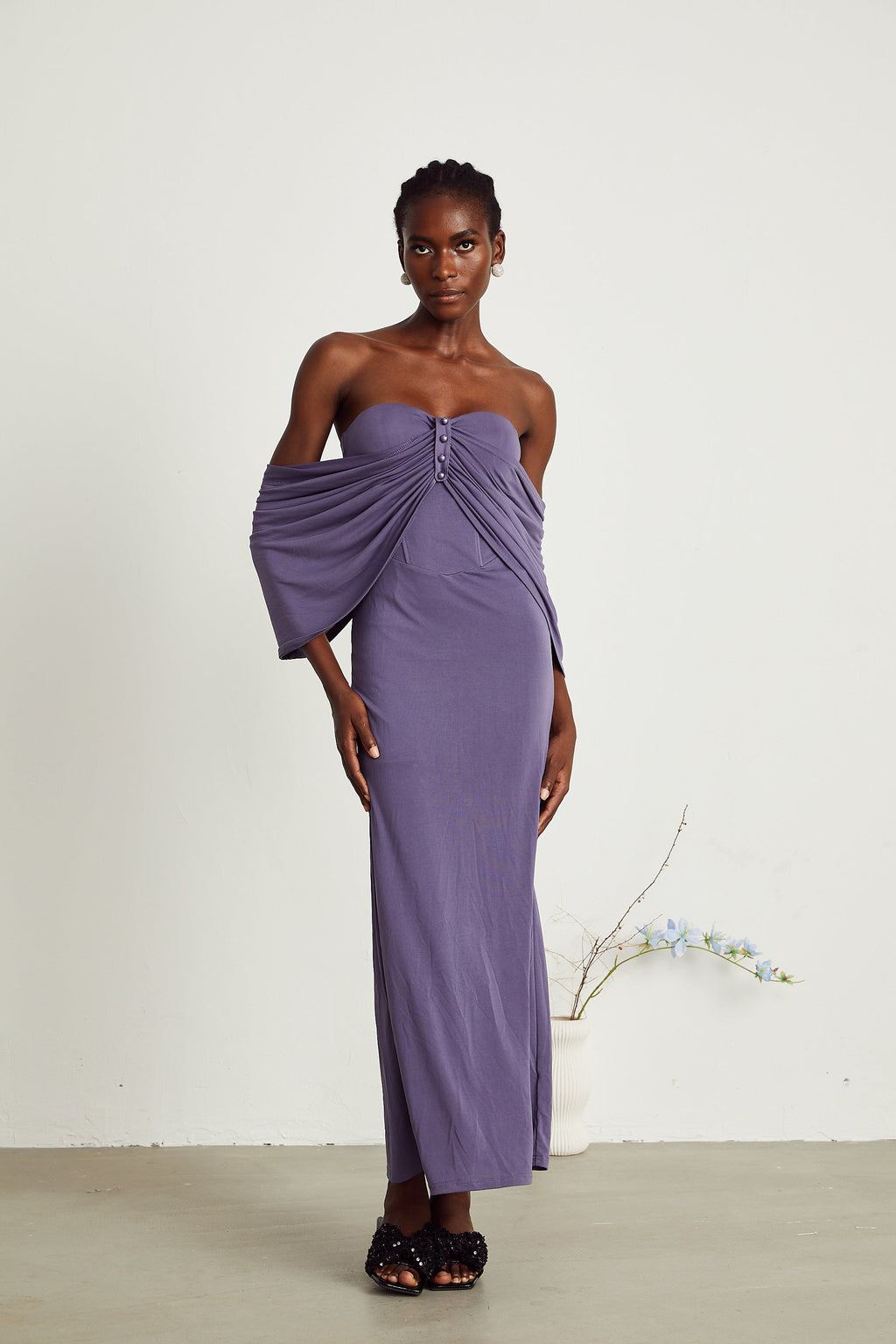 Delphine mor midi elbise