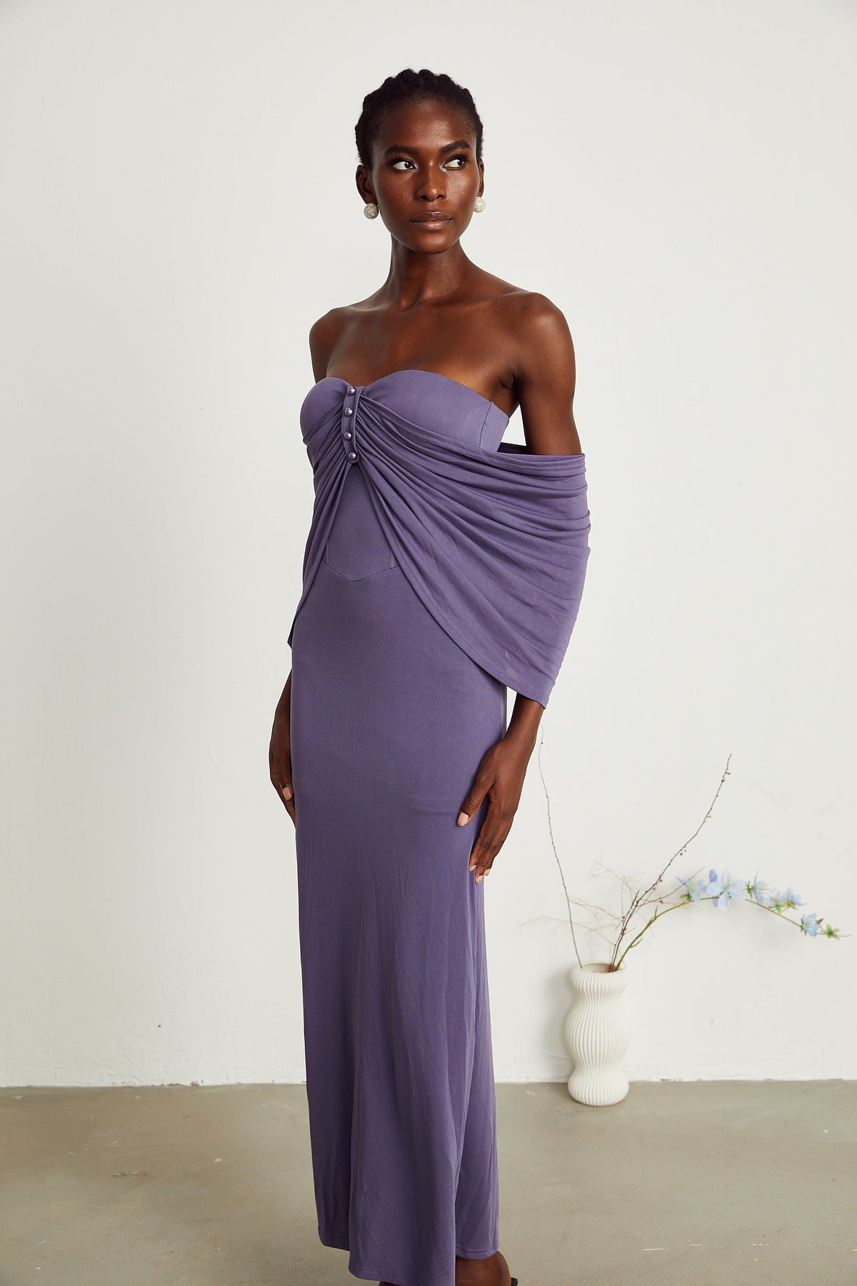 Delphine mor midi elbise