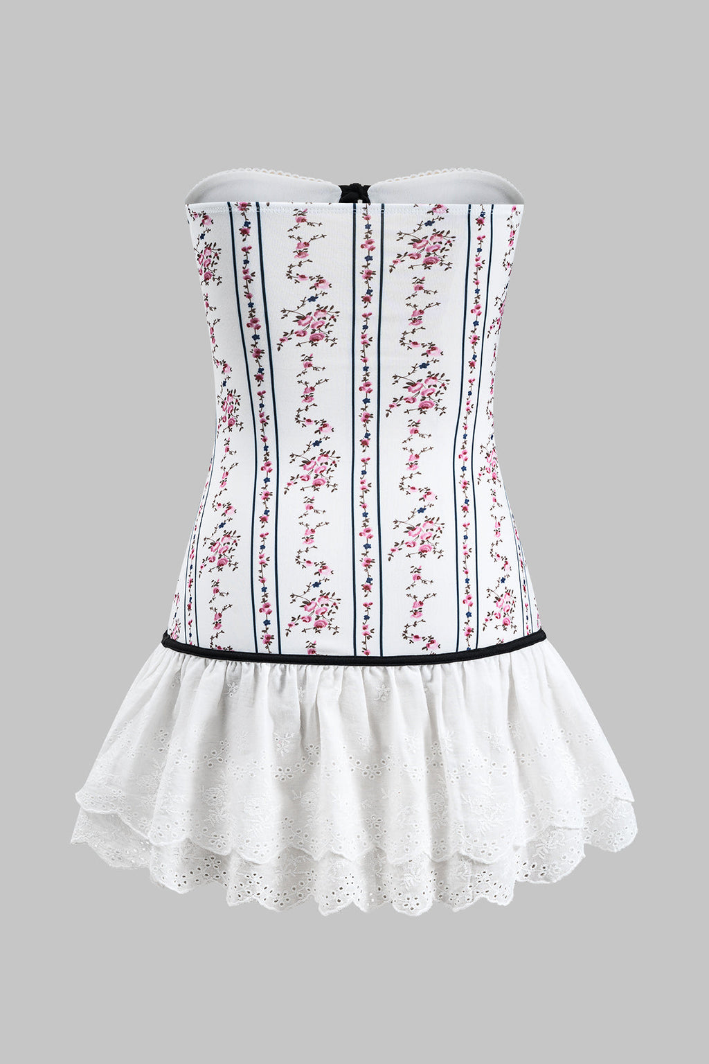 Çiçek Desenli Patchwork Büzgülü Bağcıklı Straplez Mini Elbise