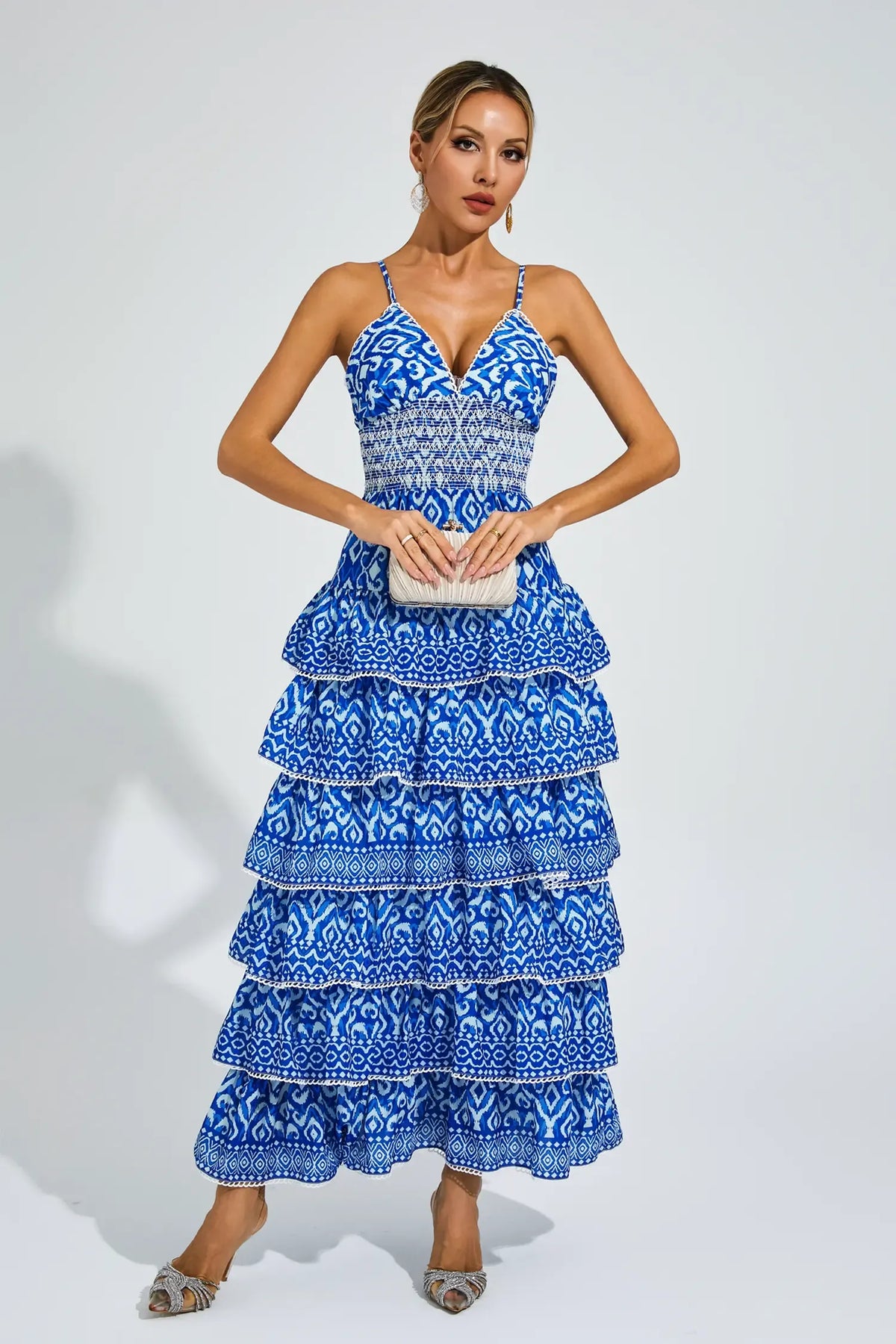 Adela Mavi Bohem Katlı Slip Maxi Elbise