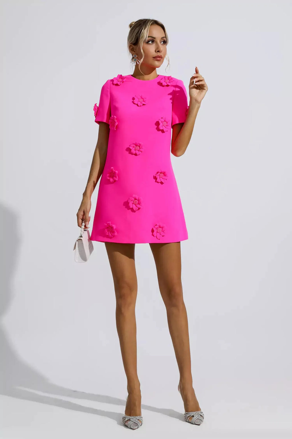 Alison Pembe Jakarlı Çiçekli Mini Elbise (Run Small)