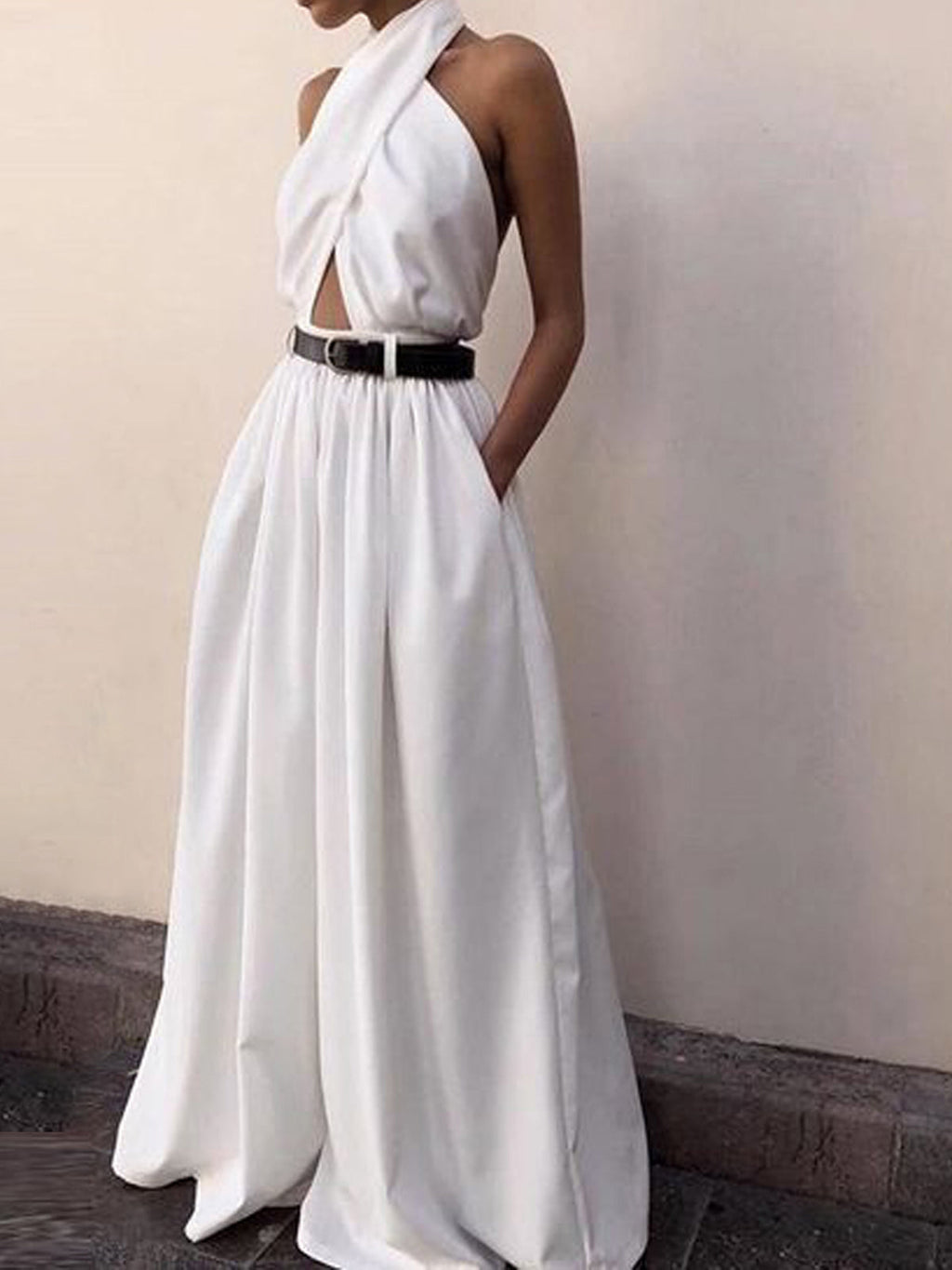 Criss Cross Halter Sırtı Açık Tulum Kemersiz