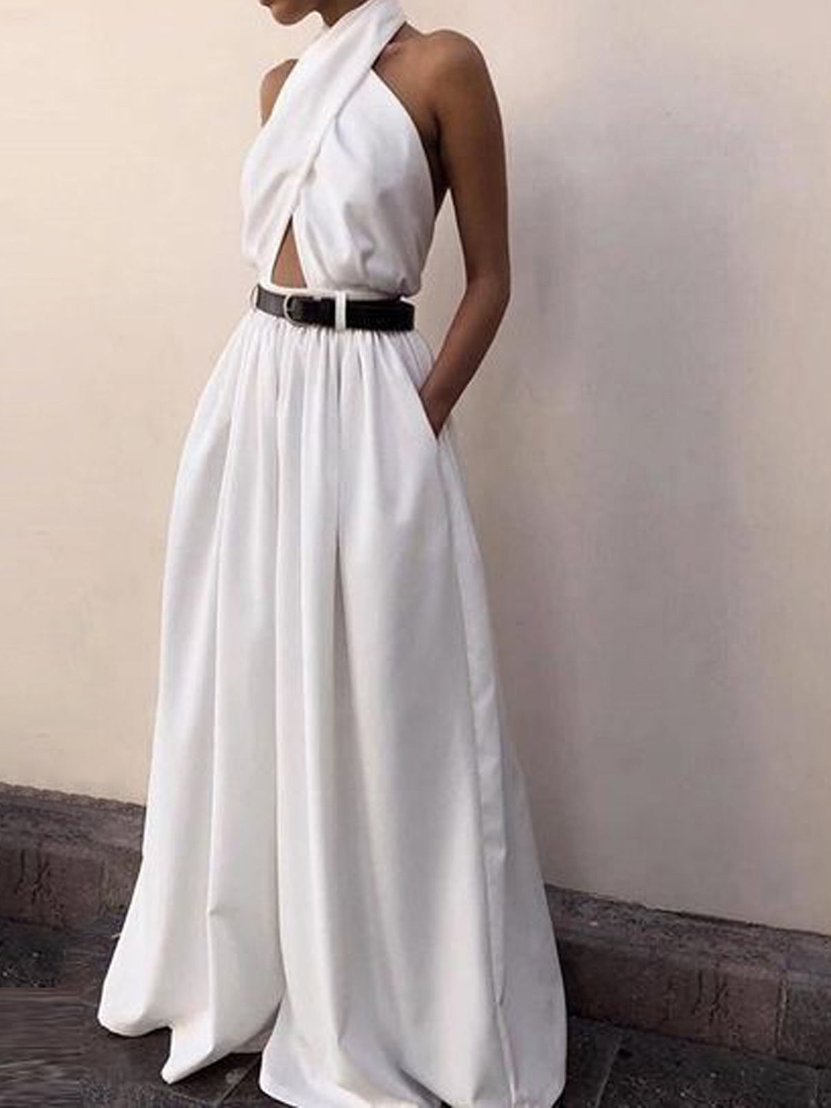 Criss Cross Halter Sırtı Açık Tulum Kemersiz