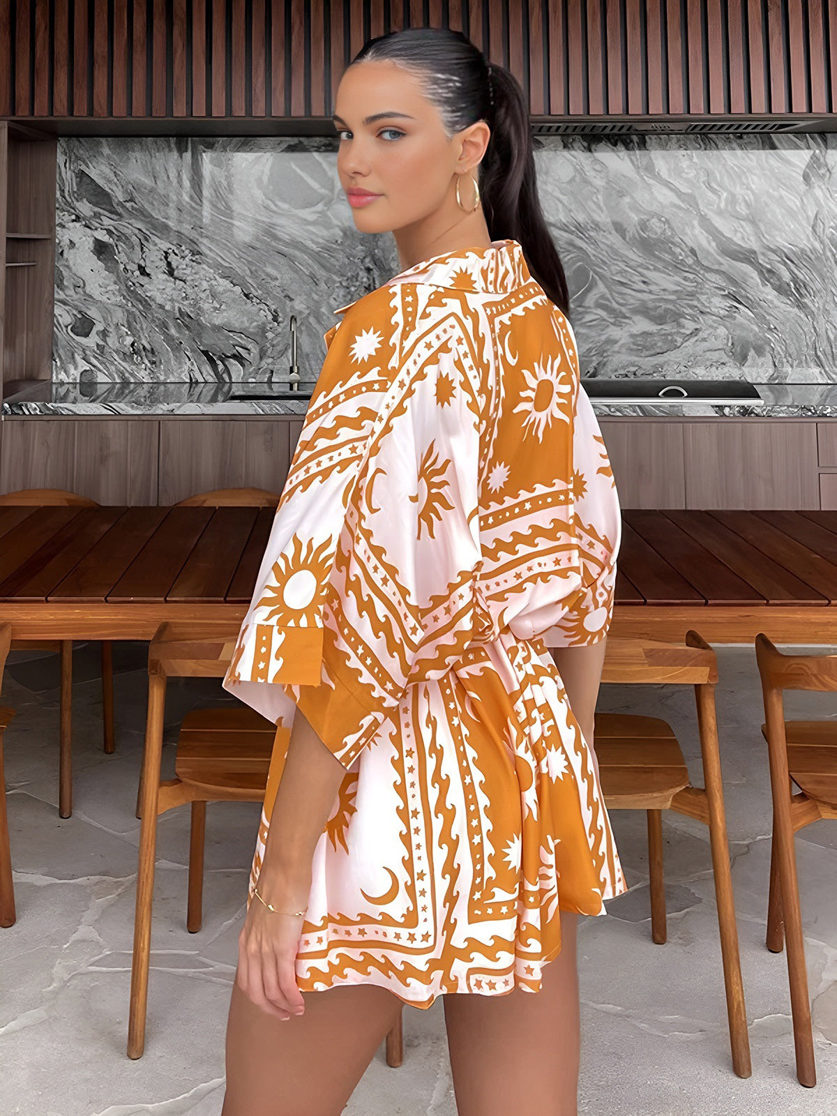 Boho Güneş Ve Ay Desenli Kısa Tulum