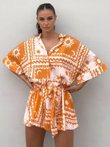 Boho Güneş Ve Ay Desenli Kısa Tulum
