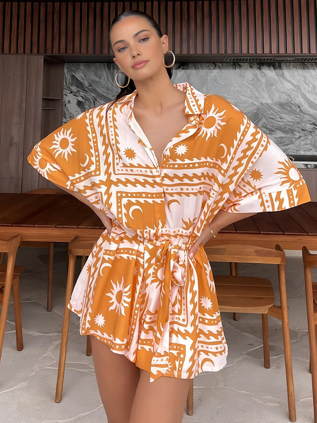 Boho Güneş Ve Ay Desenli Kısa Tulum