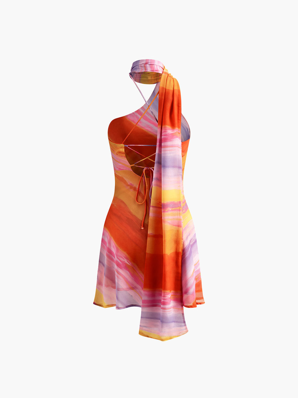 Sunset Asimetrik Yaka & Eşarp Detaylı Desenli Mini Elbise