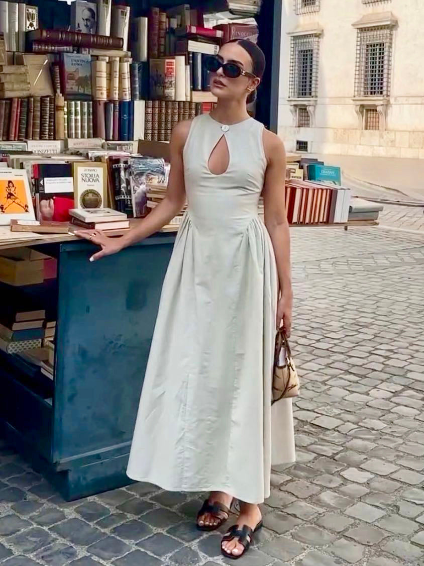 Pamuk Ve Keten Pileli Kesim Uzun Elbise